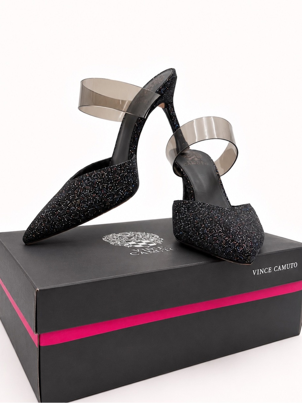 Vince Camuto • Kempern Heeled Mules in Black Diamond Leather